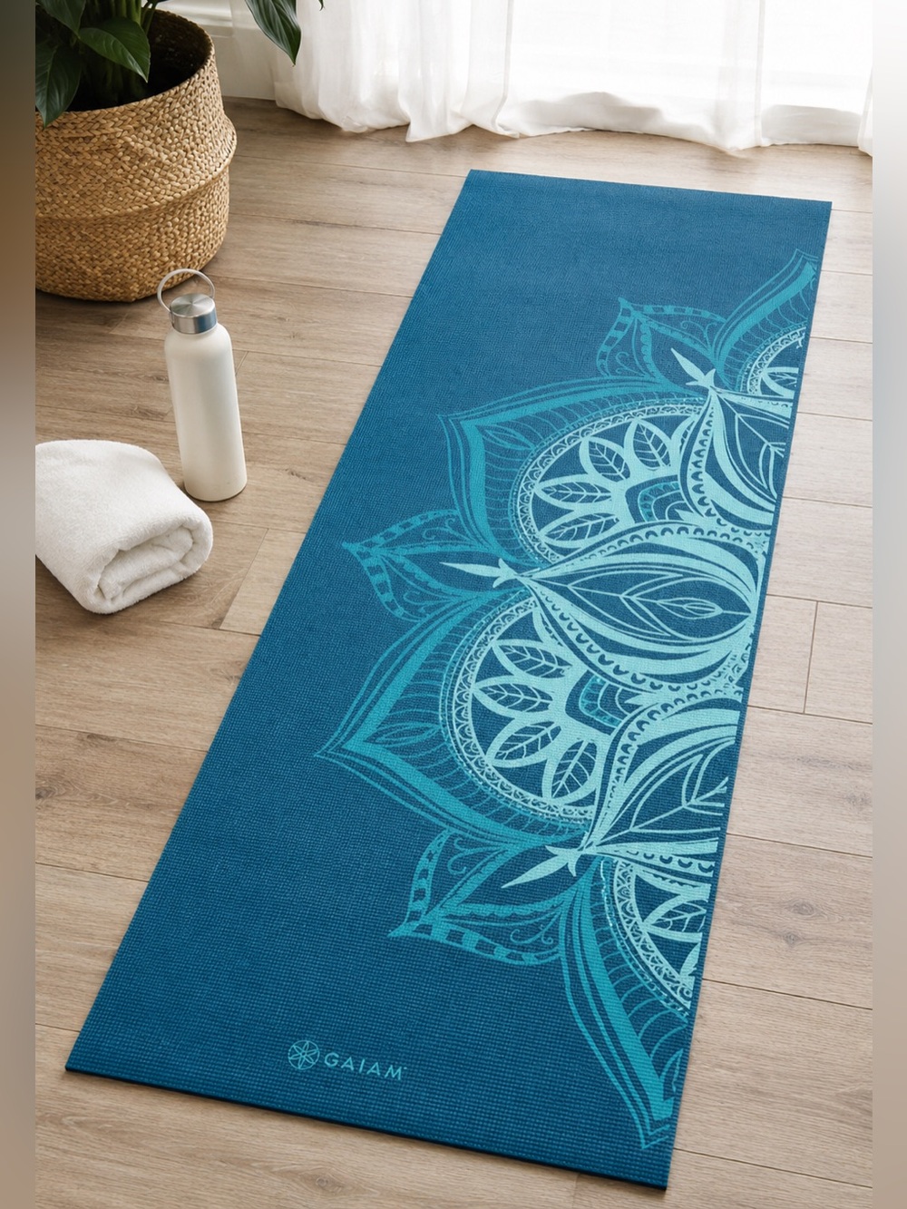 NIB Gaiam Premium Print Yoga Mat Indigo Point 6mm Non-Slip Exercise Mat